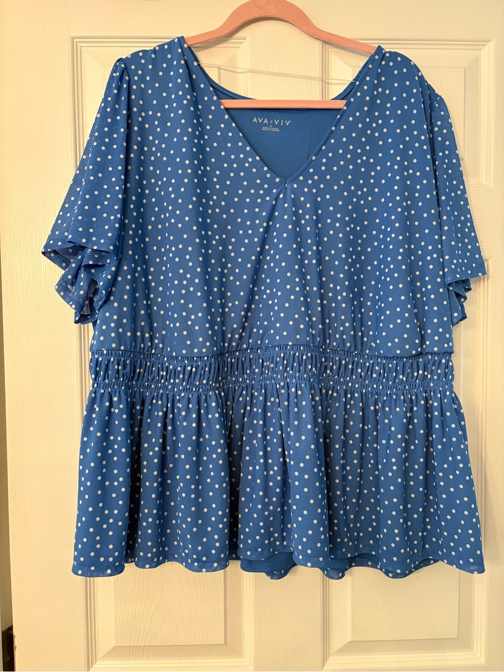 Ava & Viv Blue Polka Dot V-Neck Peplum Blouse